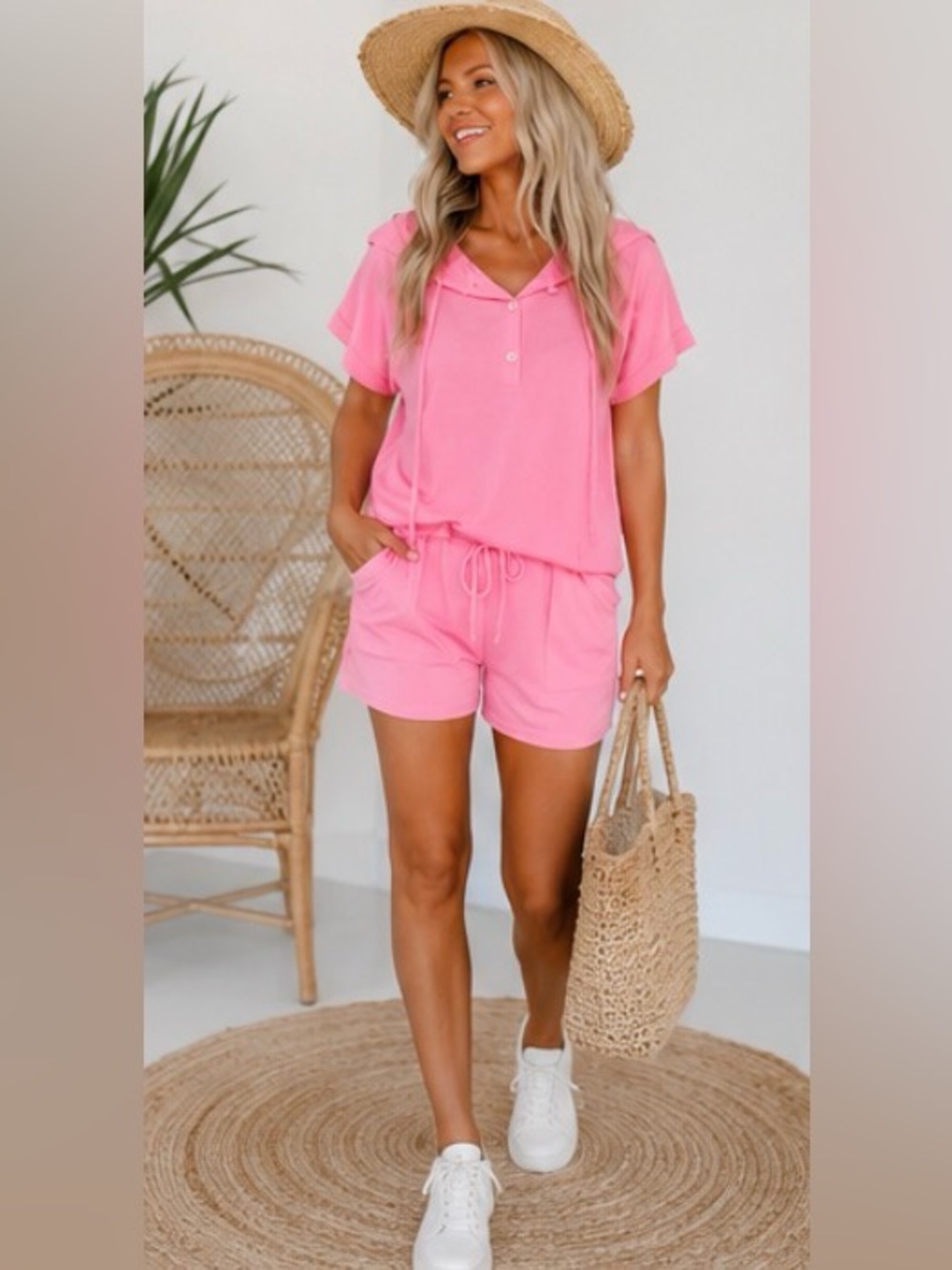Hooded Short Sleeve Henley Top & Shorts Set 🩶